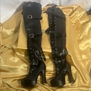 Black Lace-Up Thigh High Boots